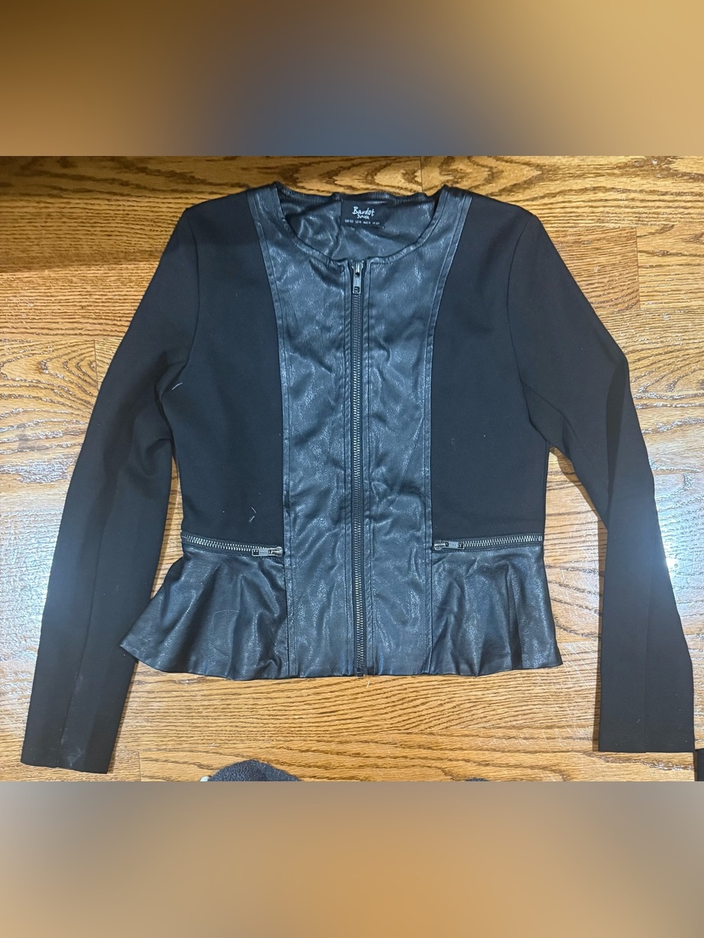 Bardot Black Faux Leather-Panel Peplum Blazer